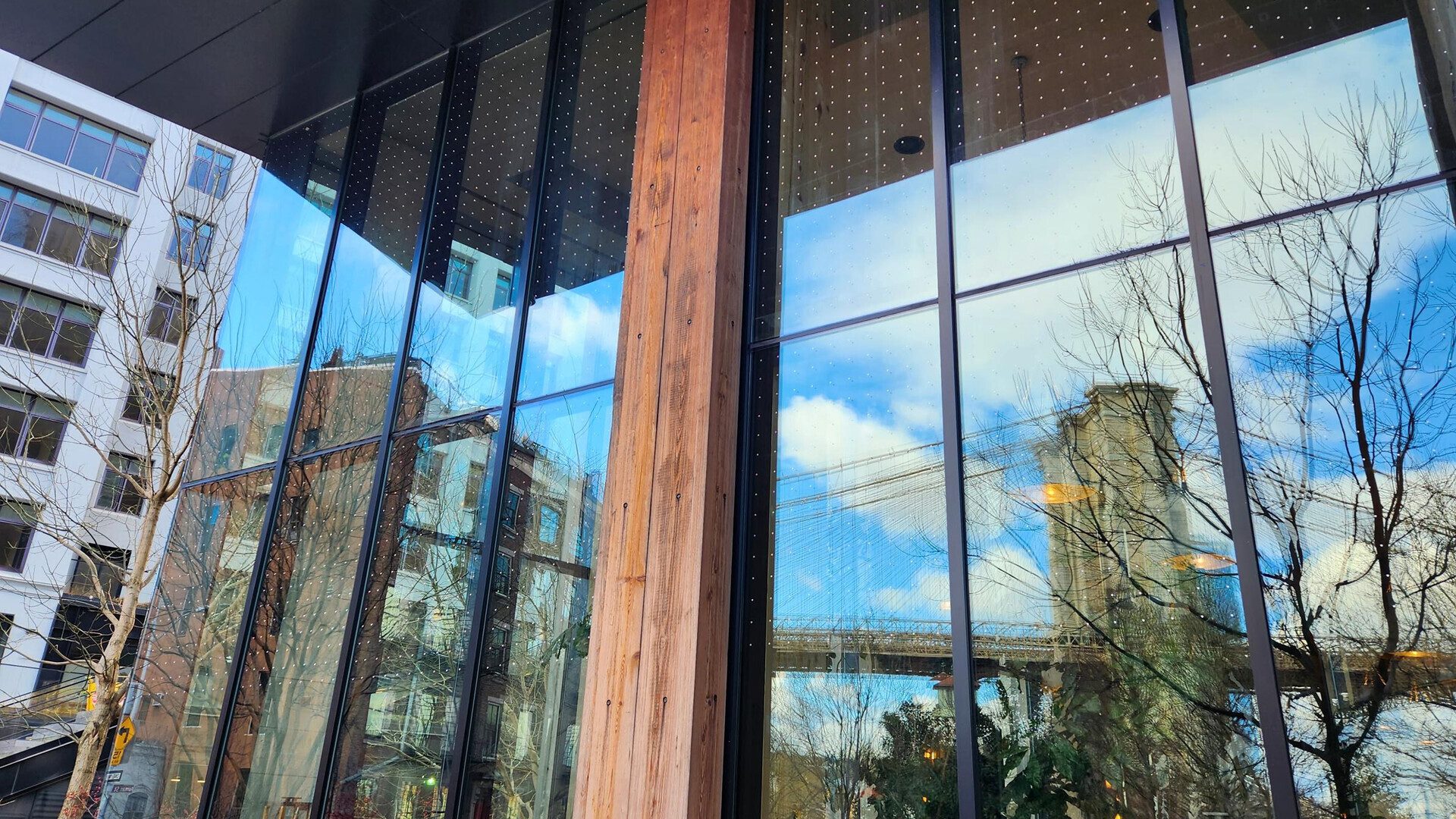 The exterior of 1 Hotel Brooklyn Bridge, retrofitted last year with Feather Friendly® bird-safe film.