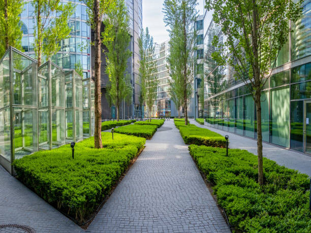 Greenery-filled glass courtyard.