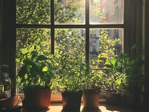 Potted plants behind window