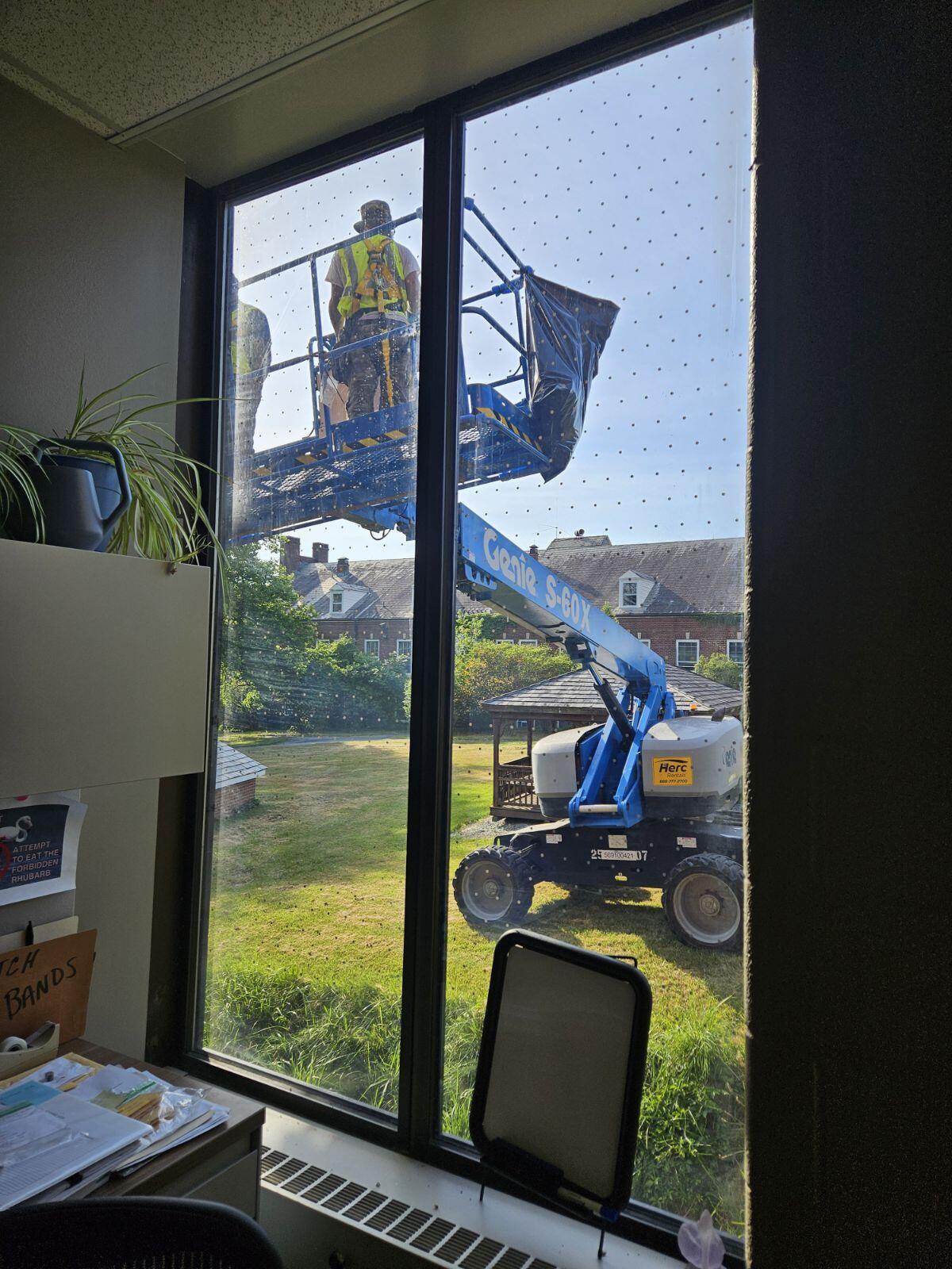 A look from the inside out of the updated windows with dots installed in a 2x2 inch pattern.
